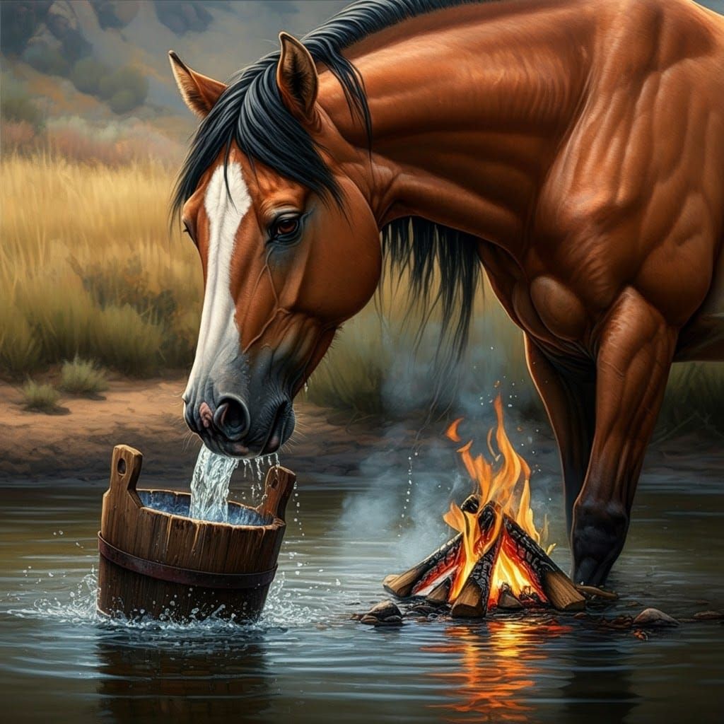 Wild Horse Extinguishes Campfire: Hyper-Realistic Western Sc...