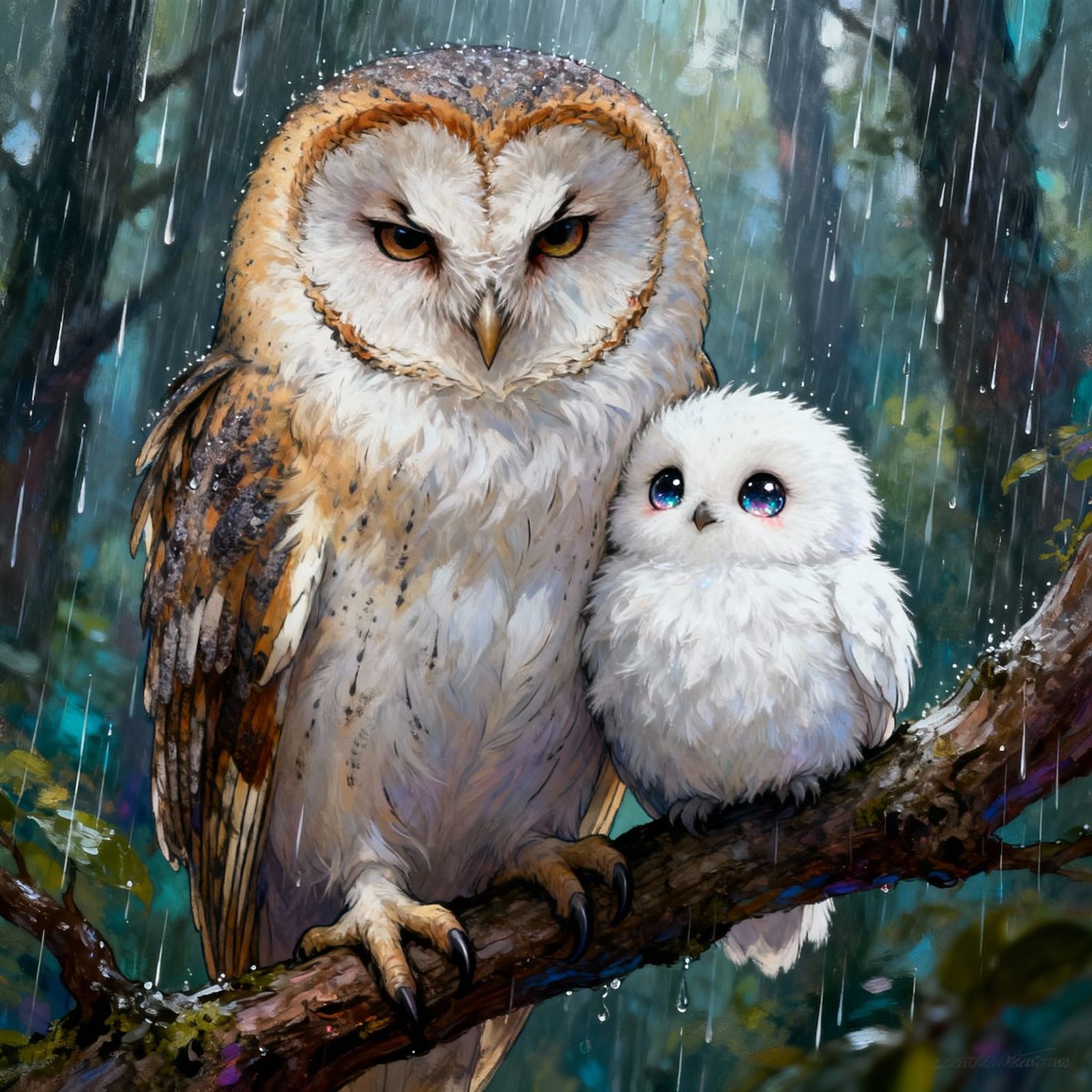 Grumpy Barn Owl With Cute Companion on Branch