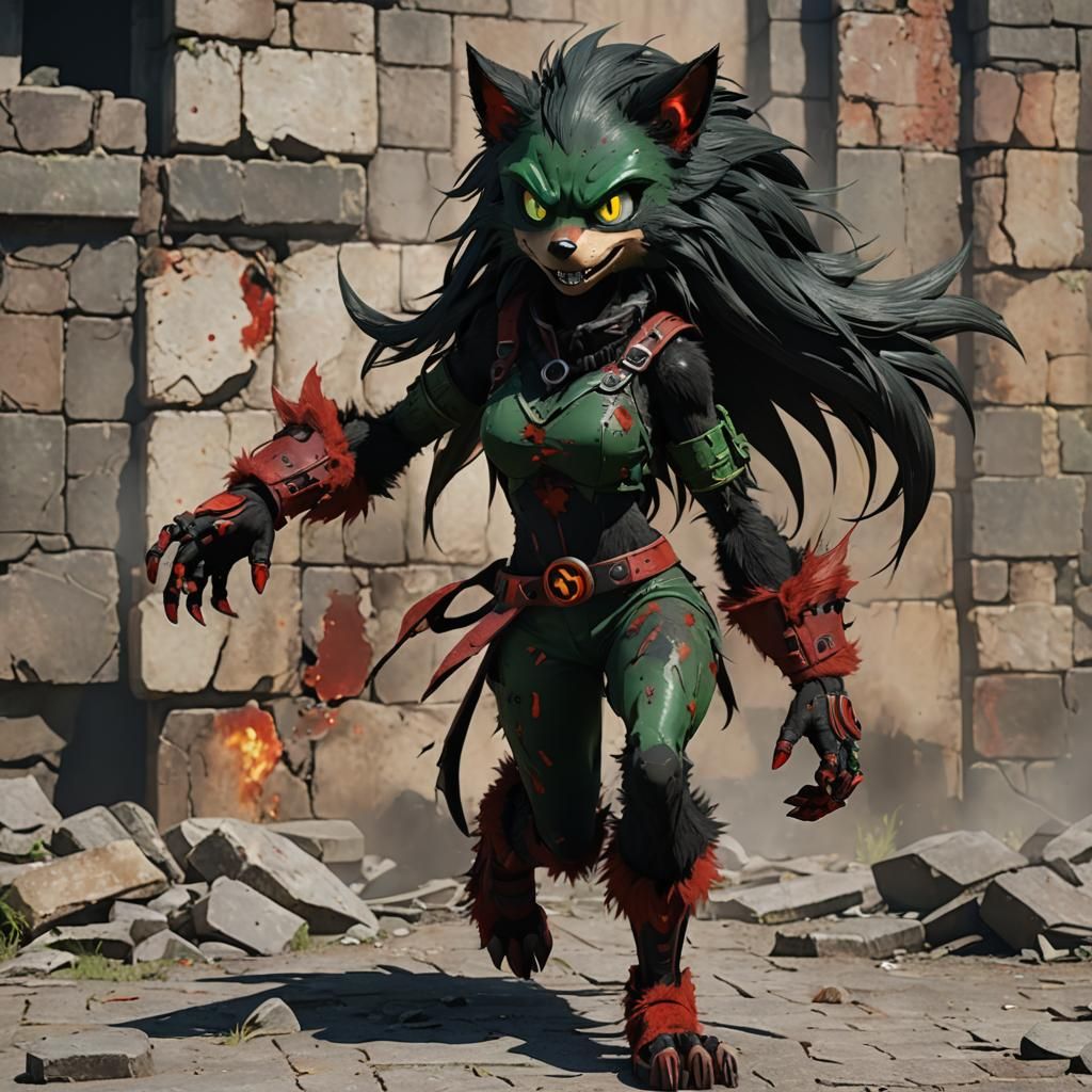 Grotesque Furry Character in Scorched Ruins