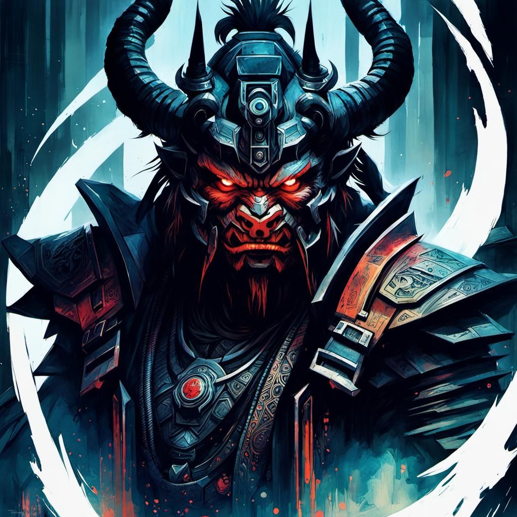 Cyberpunk Oni Demon in Etched Art Style