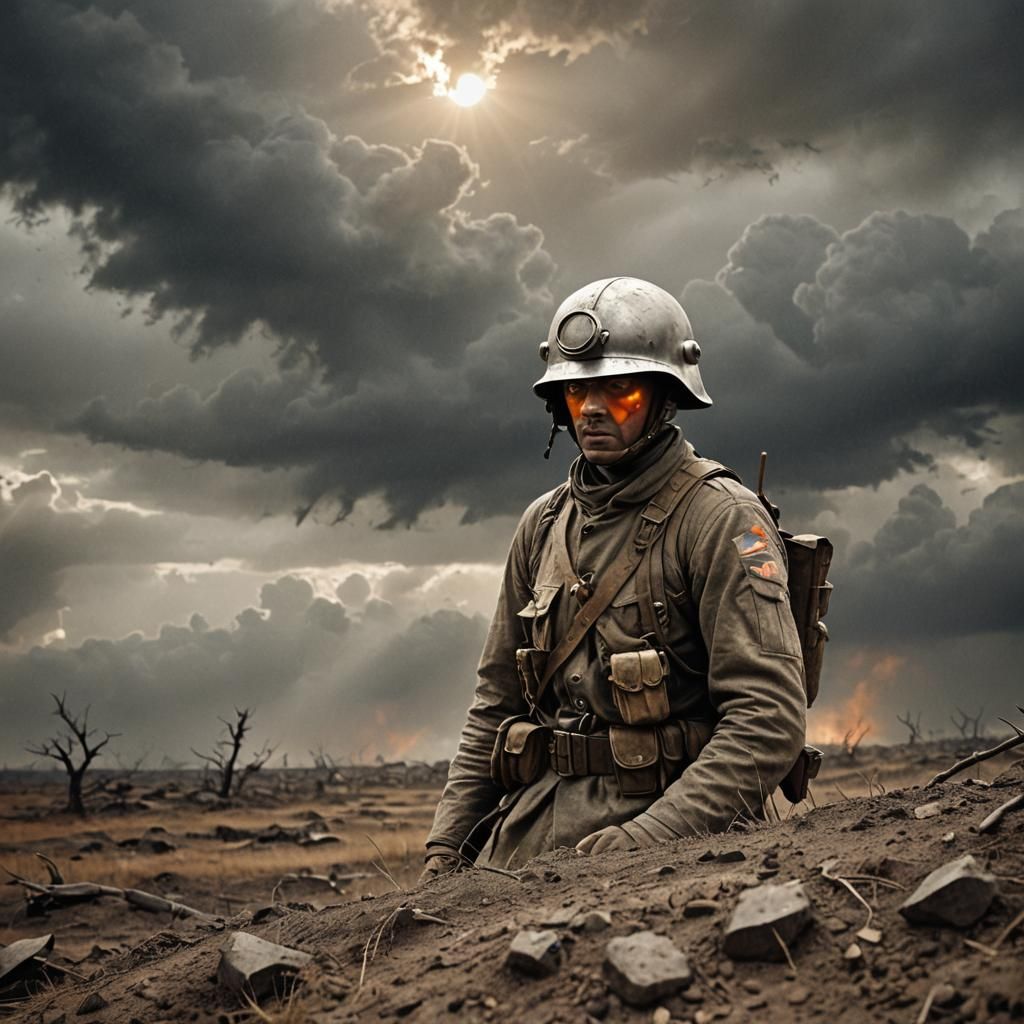Orange-Skinned Man in WWI Helmet on Battlefield