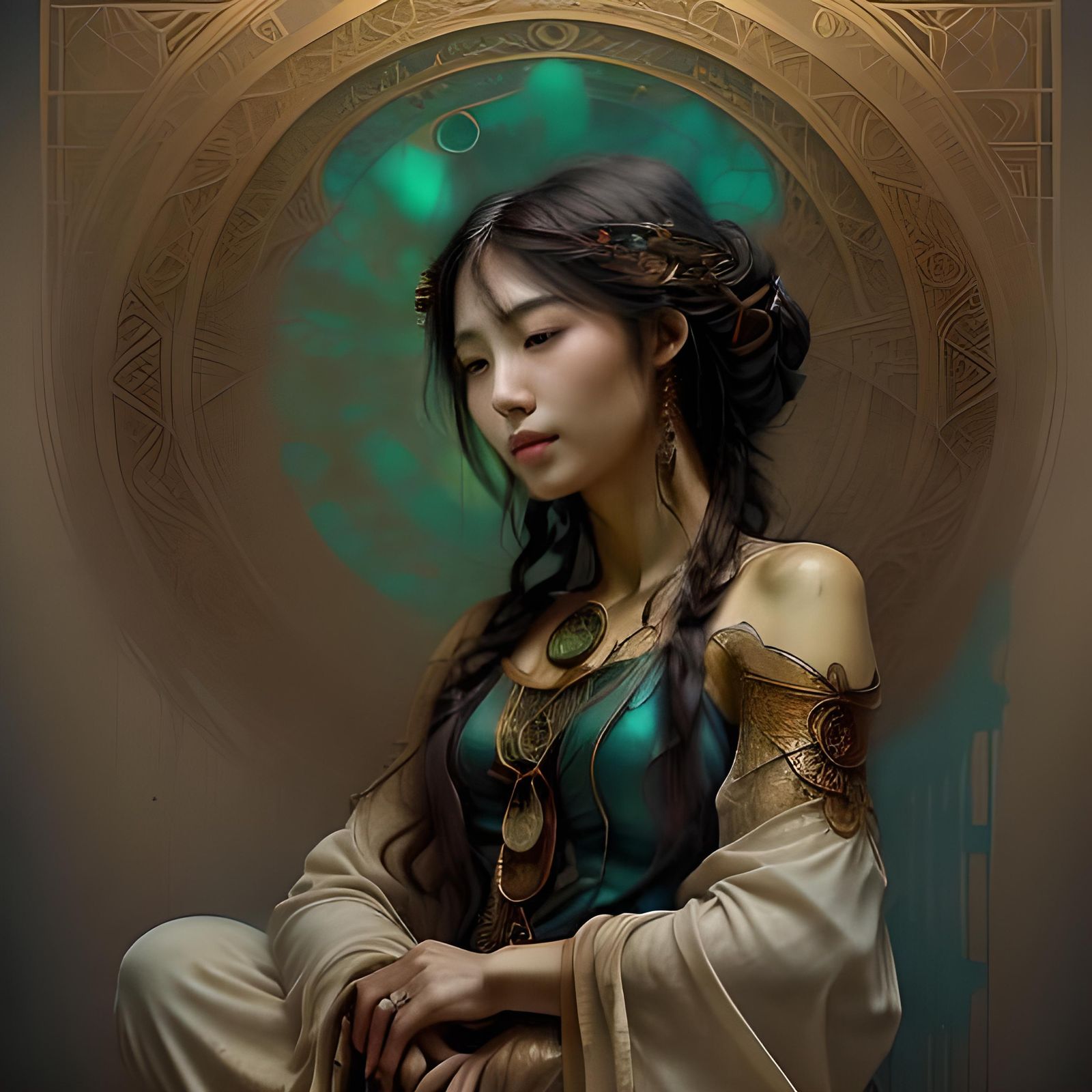 Meditating Woman with Sacred Symbols, Concept Art