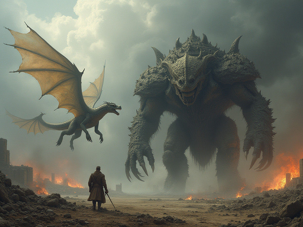 Dragon and Behemoth Clash in War-Torn Landscape
