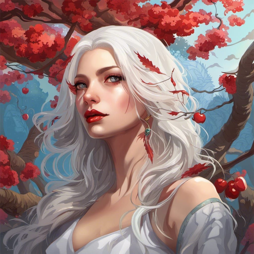 Woman with Dragon Hair Clips Under Cherry Tree