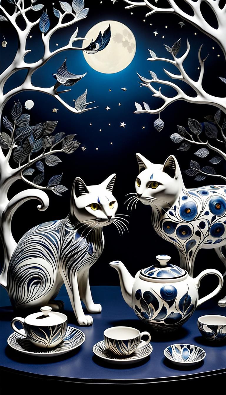 Cats Gaze at Starry Night in Surreal Pottery