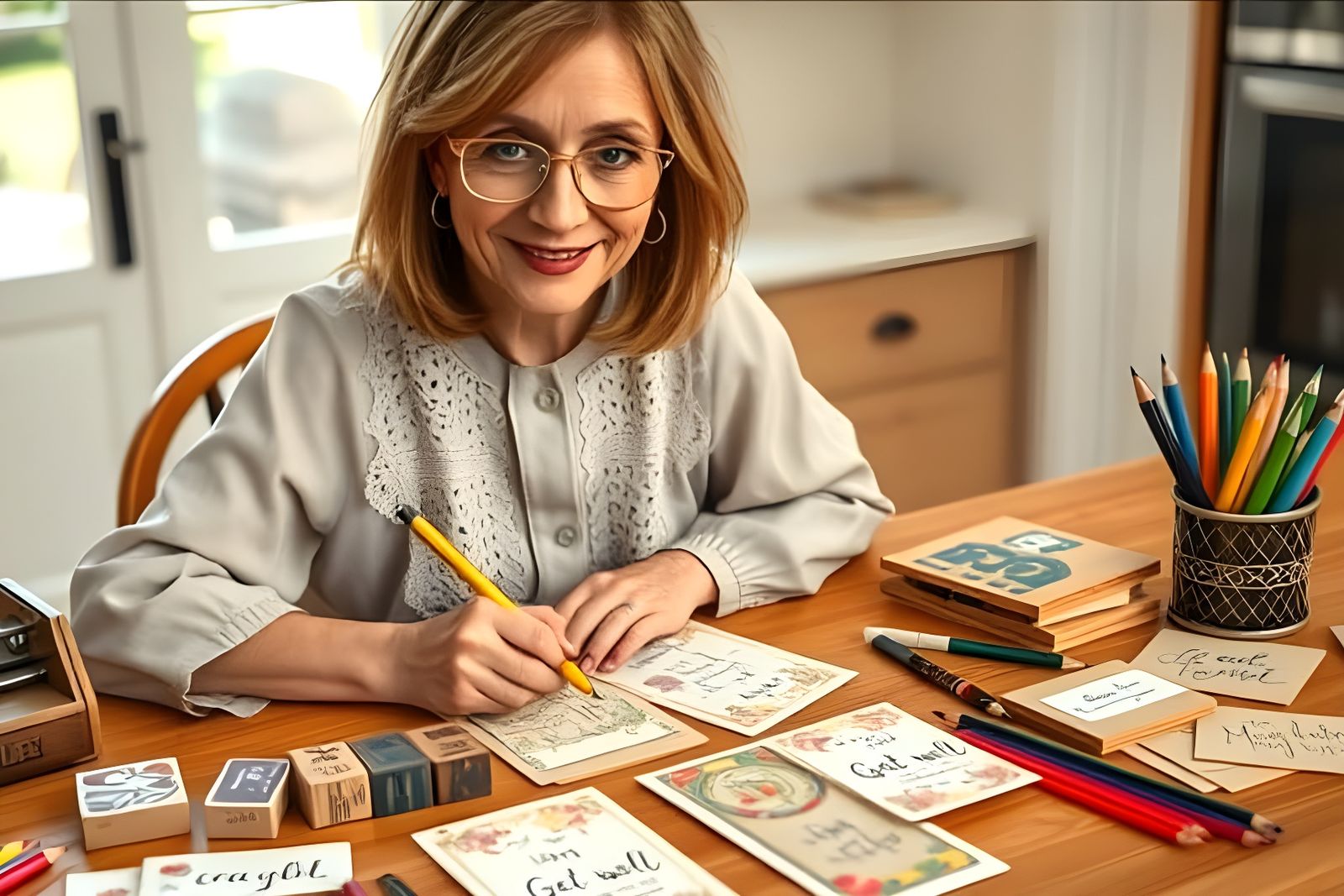 Woman Crafting Heartfelt Get Well Cards with Delicate Touch