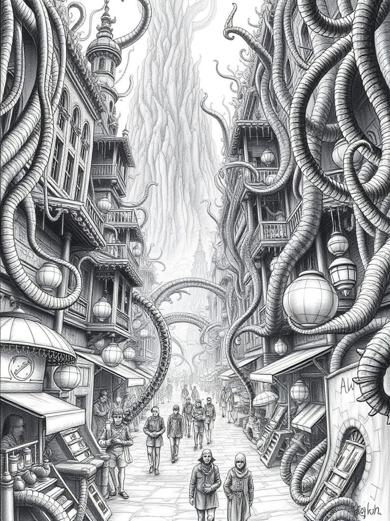 Mysterious Yuggoth Village at Sunset