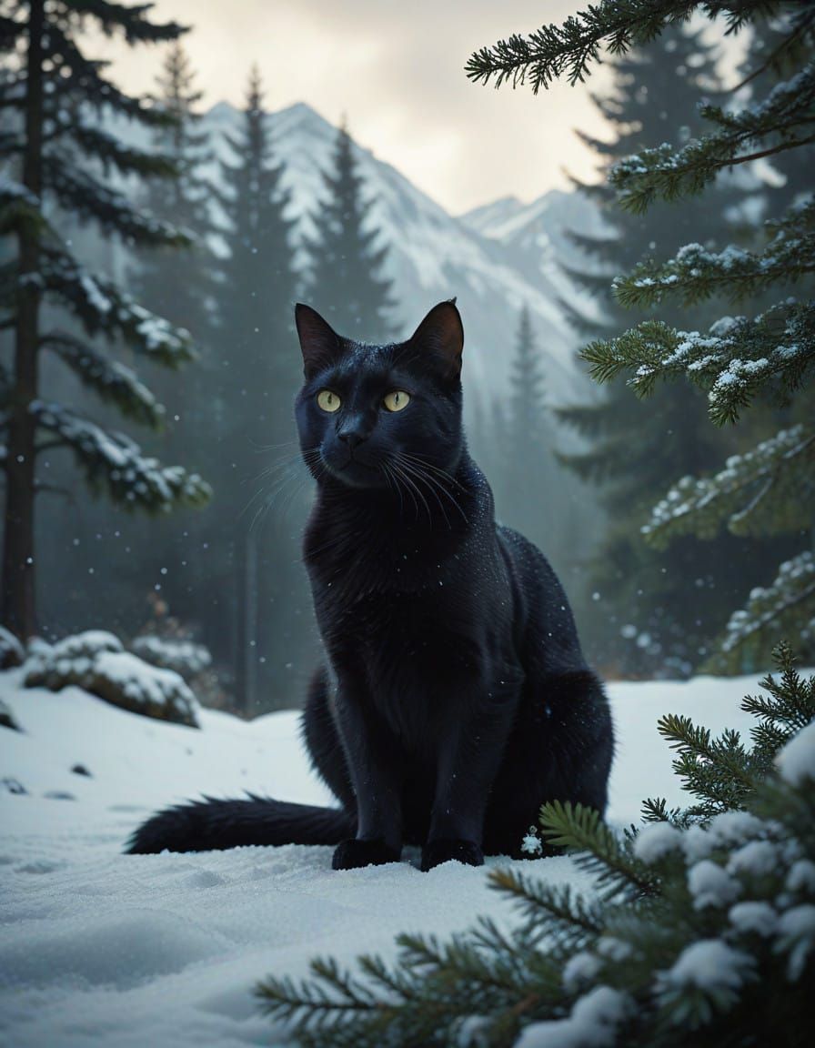 Majestic Black Cat in Winter Wonderland with Glittering Snow...