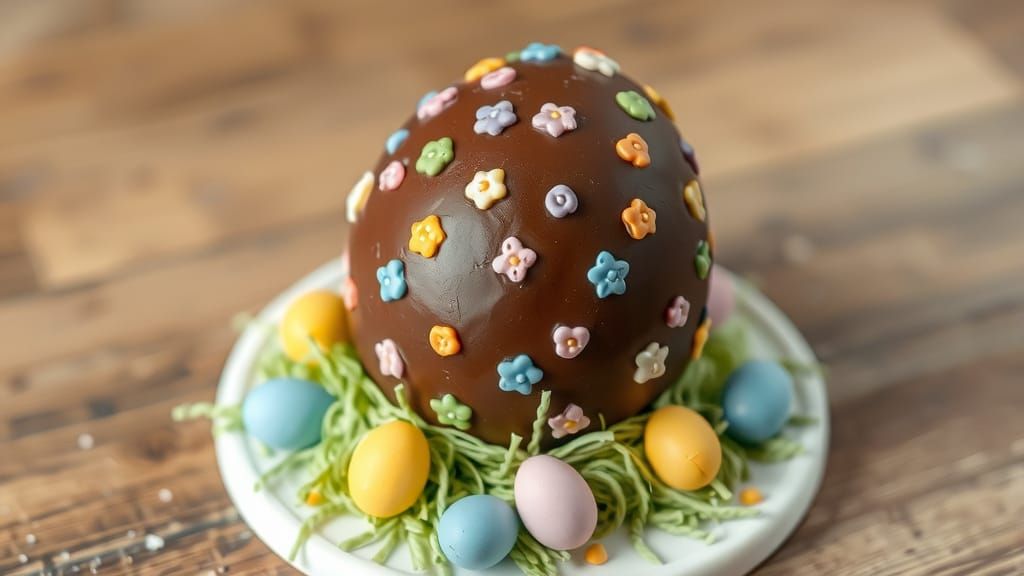 A extra large Chocolate Easter Egg  shape which is covered in coloured Sugar decorations