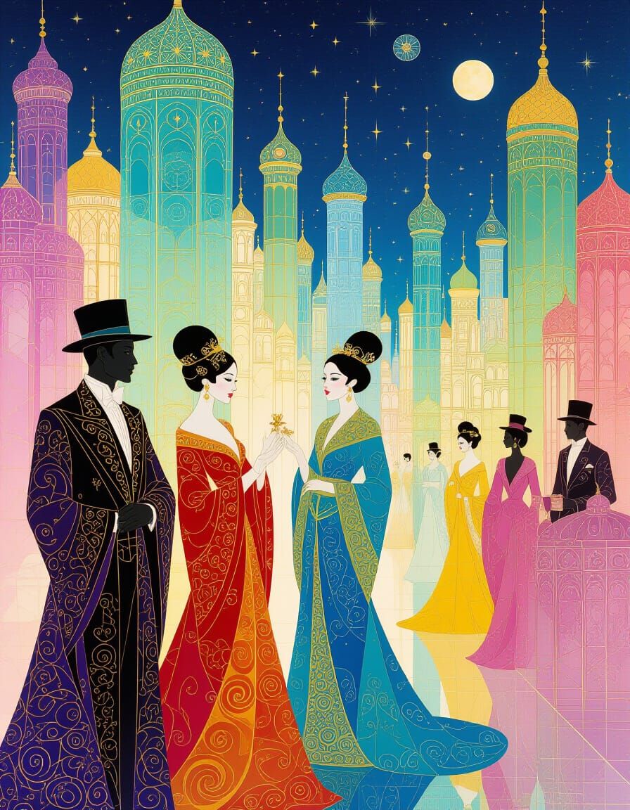 Luminous Cityscape with Ornate Figures in Surreal Style