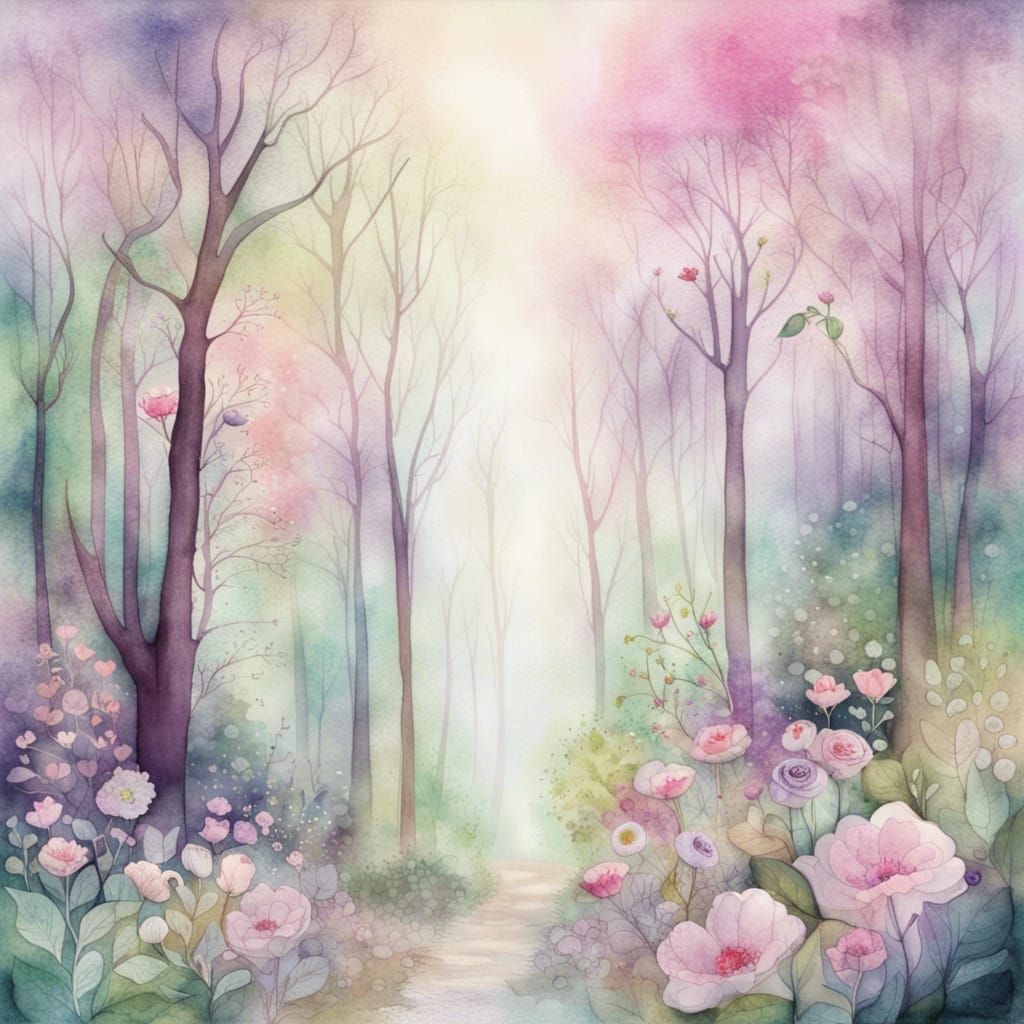 Enchanted Forest in Spring: Watercolor Fantasy Art