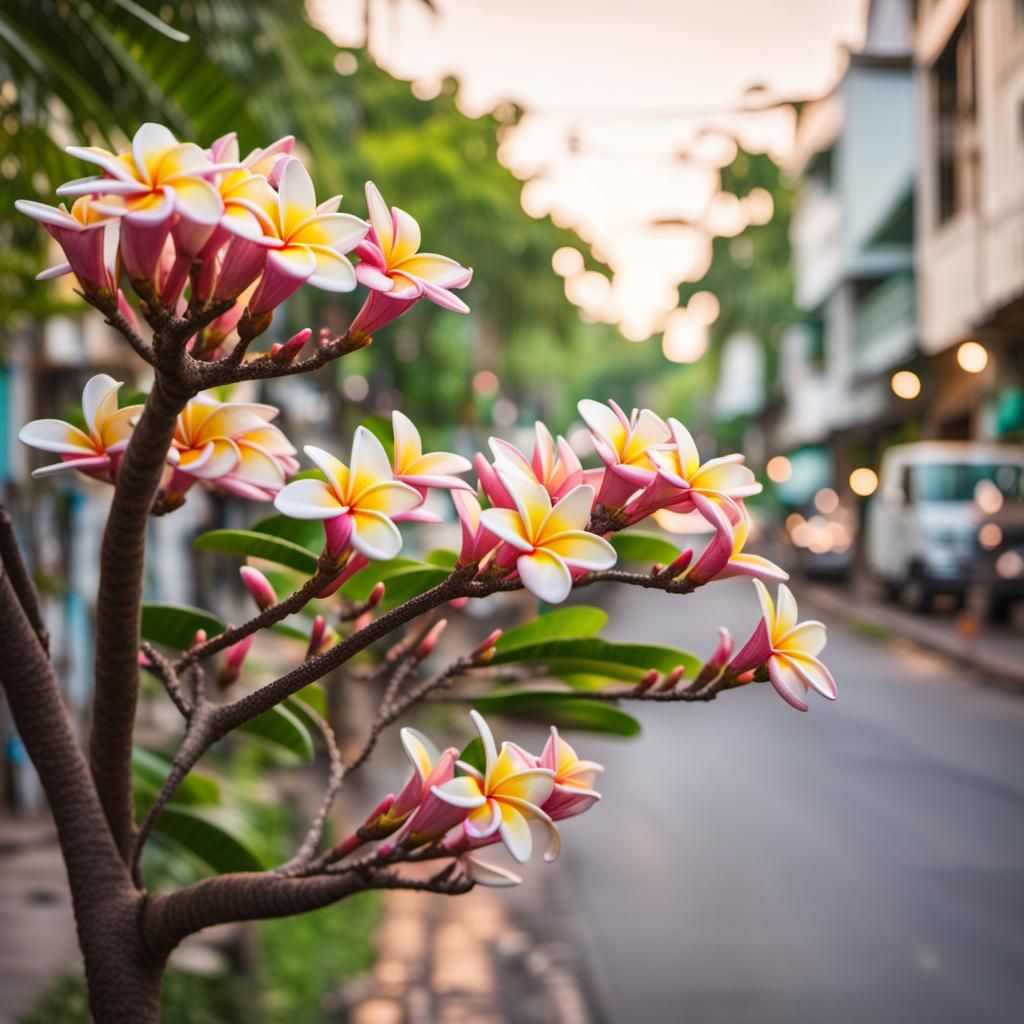 Frangipani Trees Line Urban Neighborhood Street