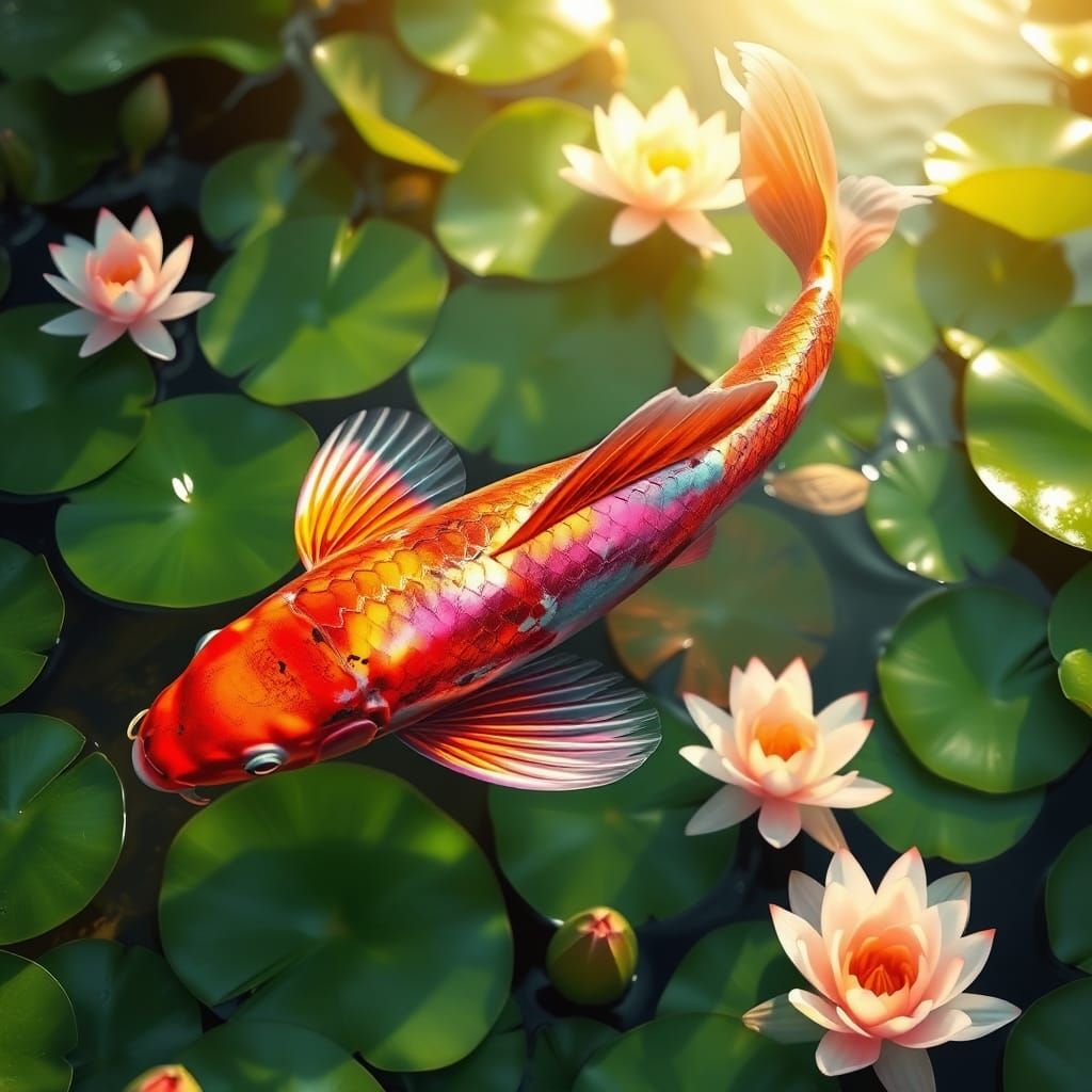 Iridescent Koi in Lily Pond