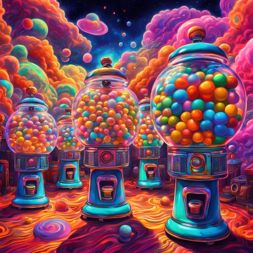 Vibrant Surreal Gumball Machines in Cosmic Astral Art