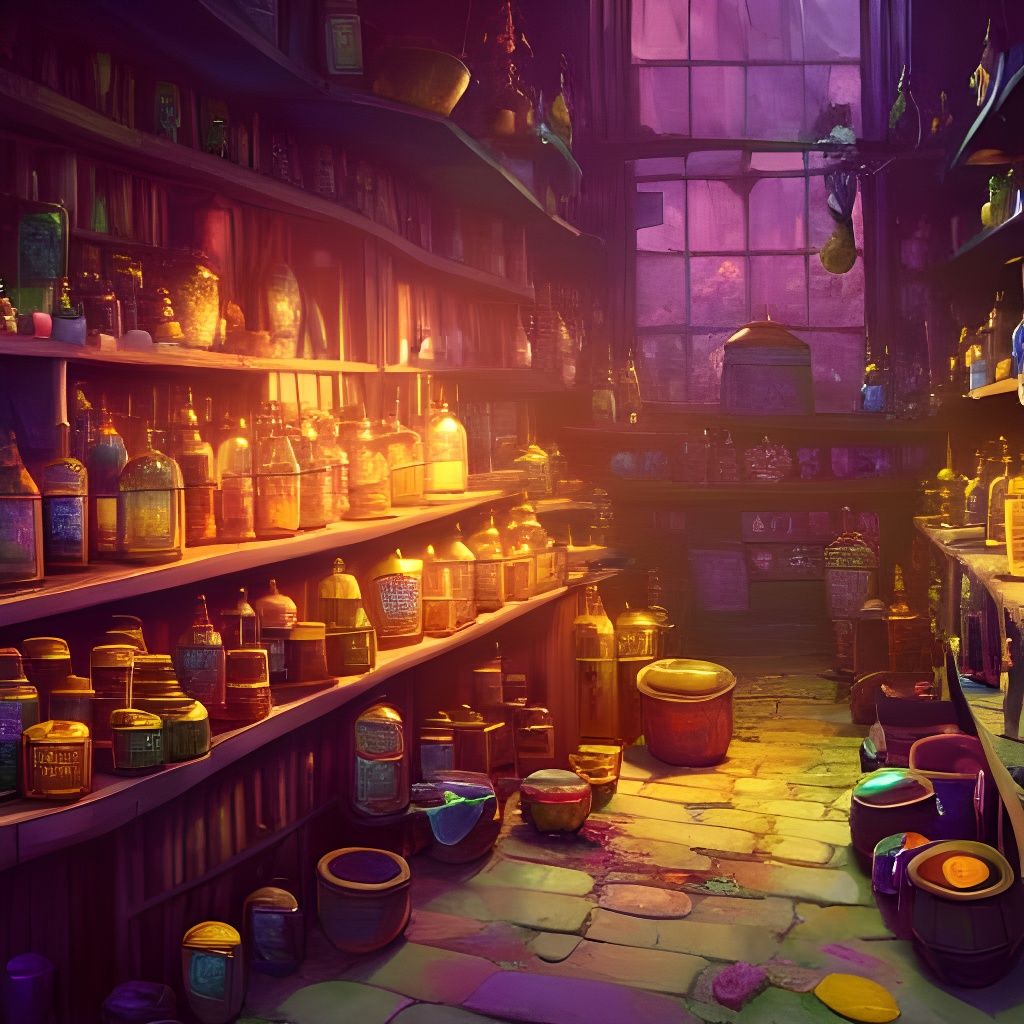 Crowded Magical Potion Shop, Hyperdetailed Concept Art
