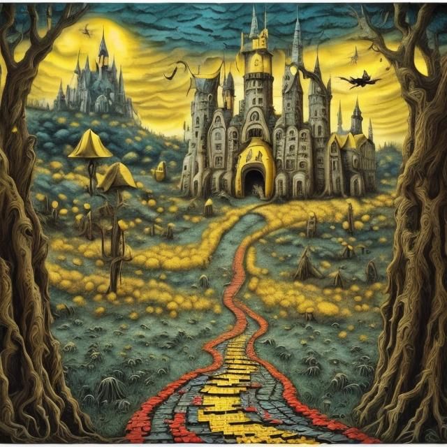 Surreal Burned Landscape with Castle and Flying Monkeys