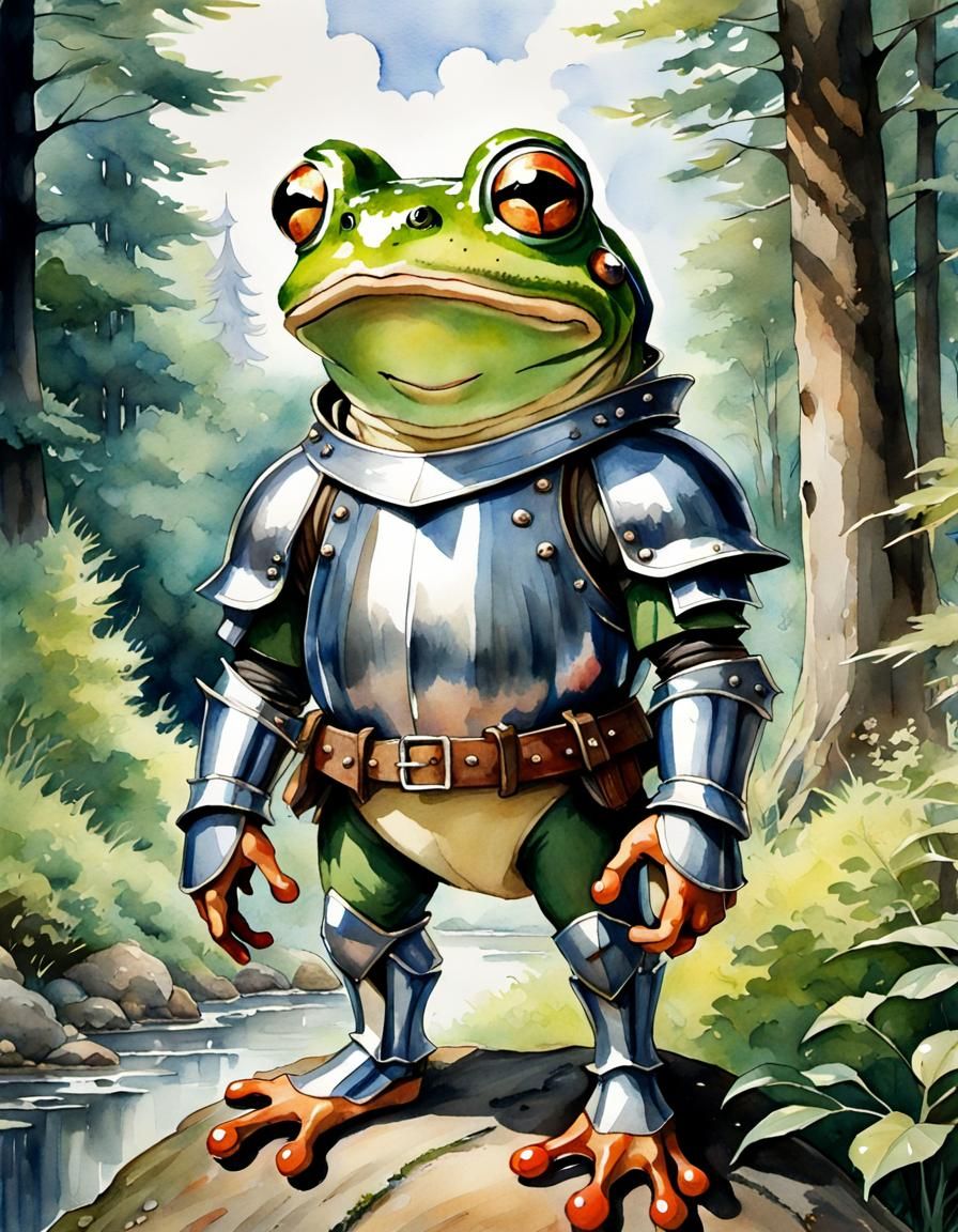 Frog Knight in Armor, Ghibli-Style Watercolor