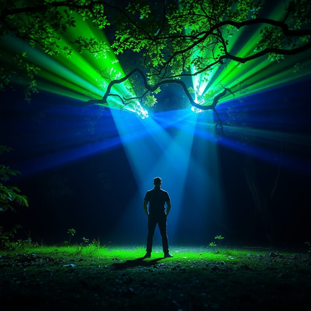 Man Illuminated by Colored Light in African Forest Night