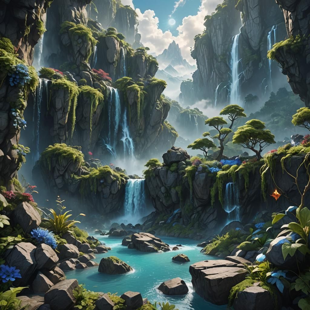 Fantasy Mountain Range with Floating Rocks and Blue Sun