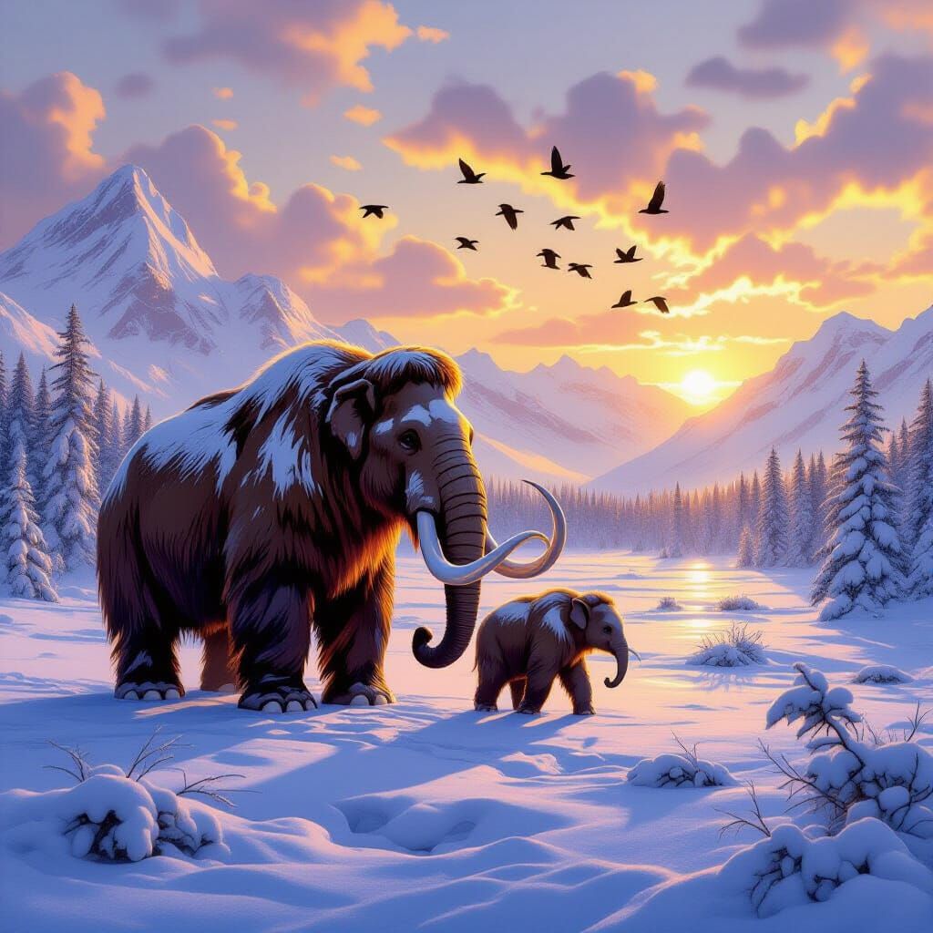 Woolly Mammoths at Golden Hour: Painterly Realism