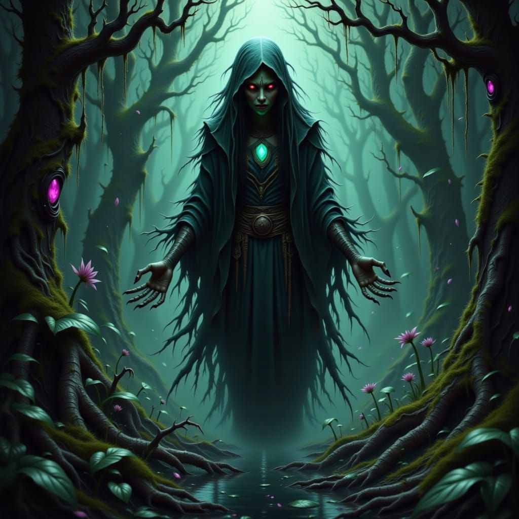 Wizened Witch Glides Through Misty Swamp