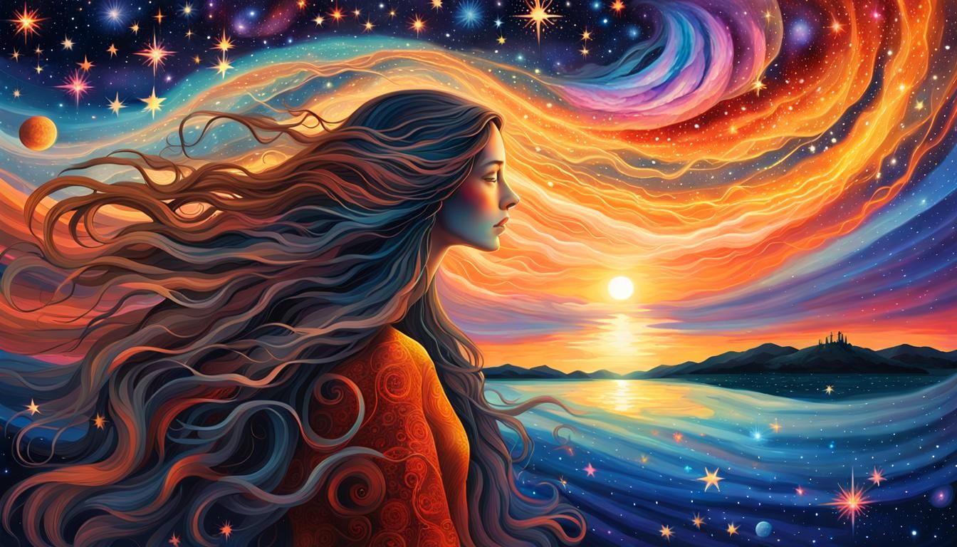 Ethereal Woman in Galactic Sunset Dreamscape