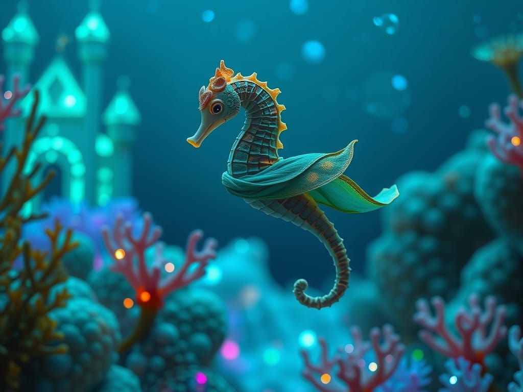 Surreal Sea Horse Adventurer in Whimsical Underwater Realm
