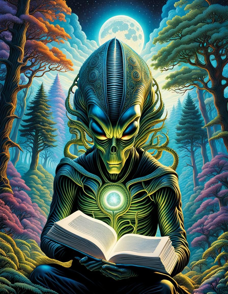 an alien reading a book in a forest,