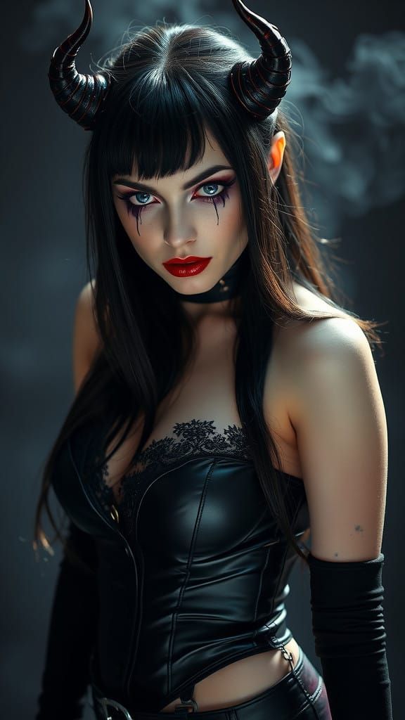 Dark Elegance Vampire Goddess in Opalescent Makeup and Black...