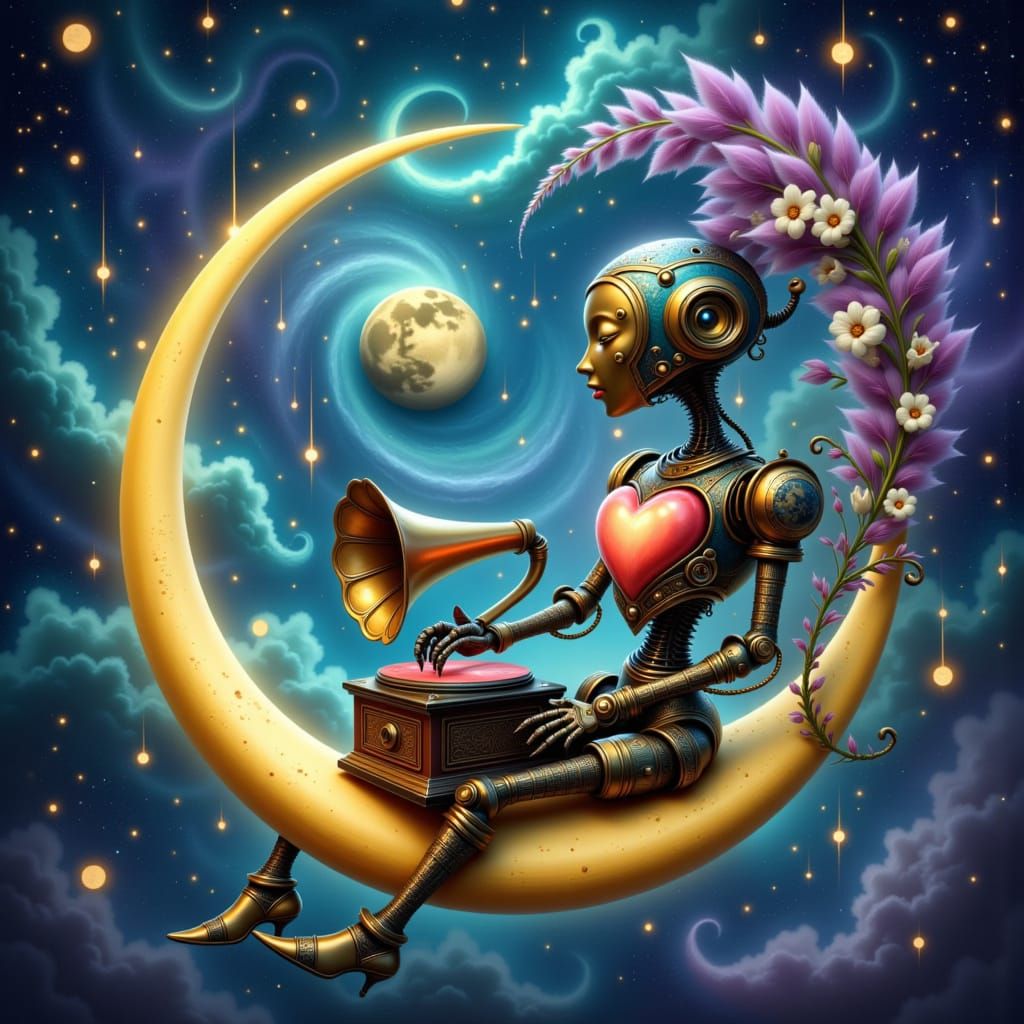 Robot with Clockwork Heart Plays Gramophone on Moon