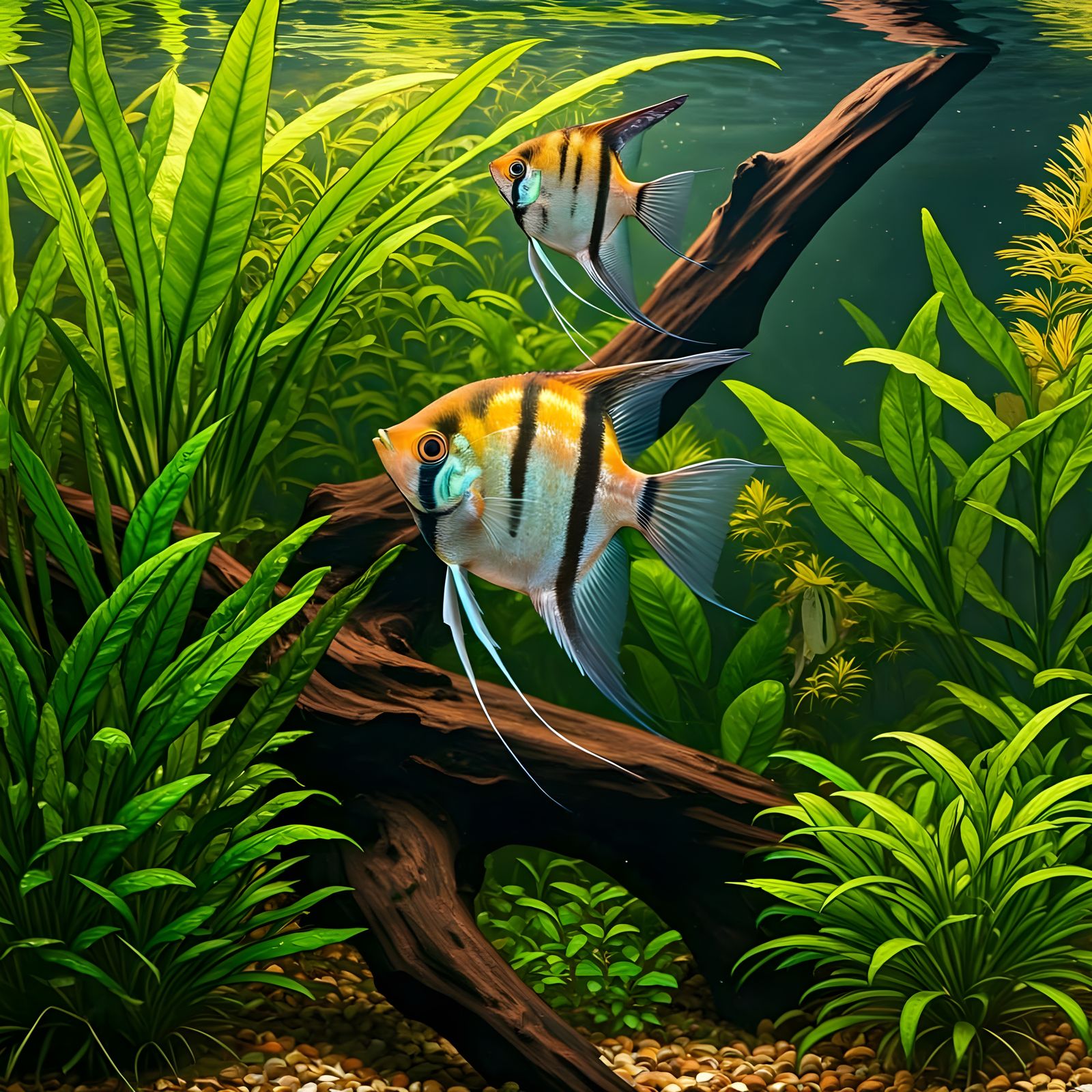 Exquisite Aquatic Scene with Freshwater Angelfish and Amazon...