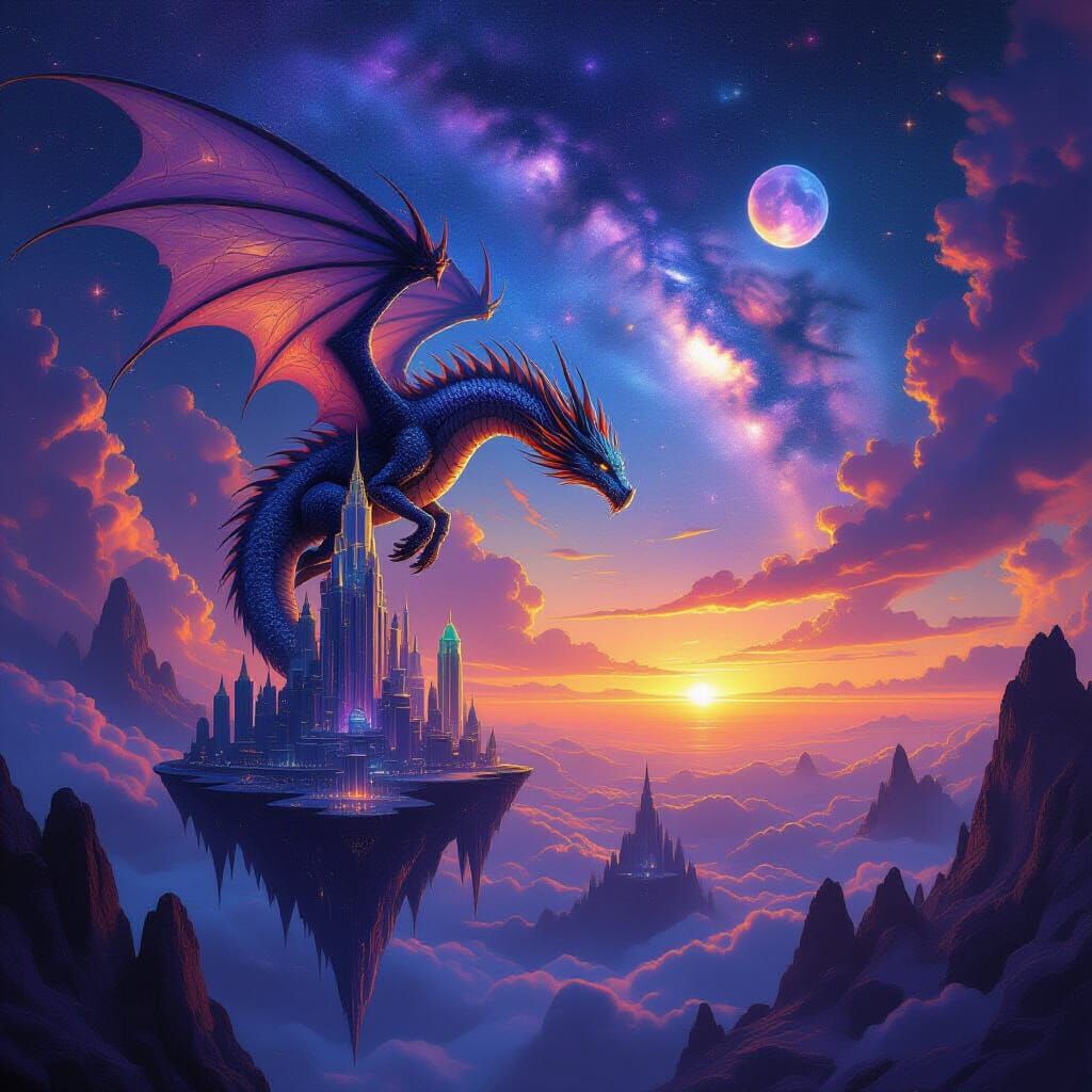 Dragon Soars Over Crystalline City Under Binary Sunset