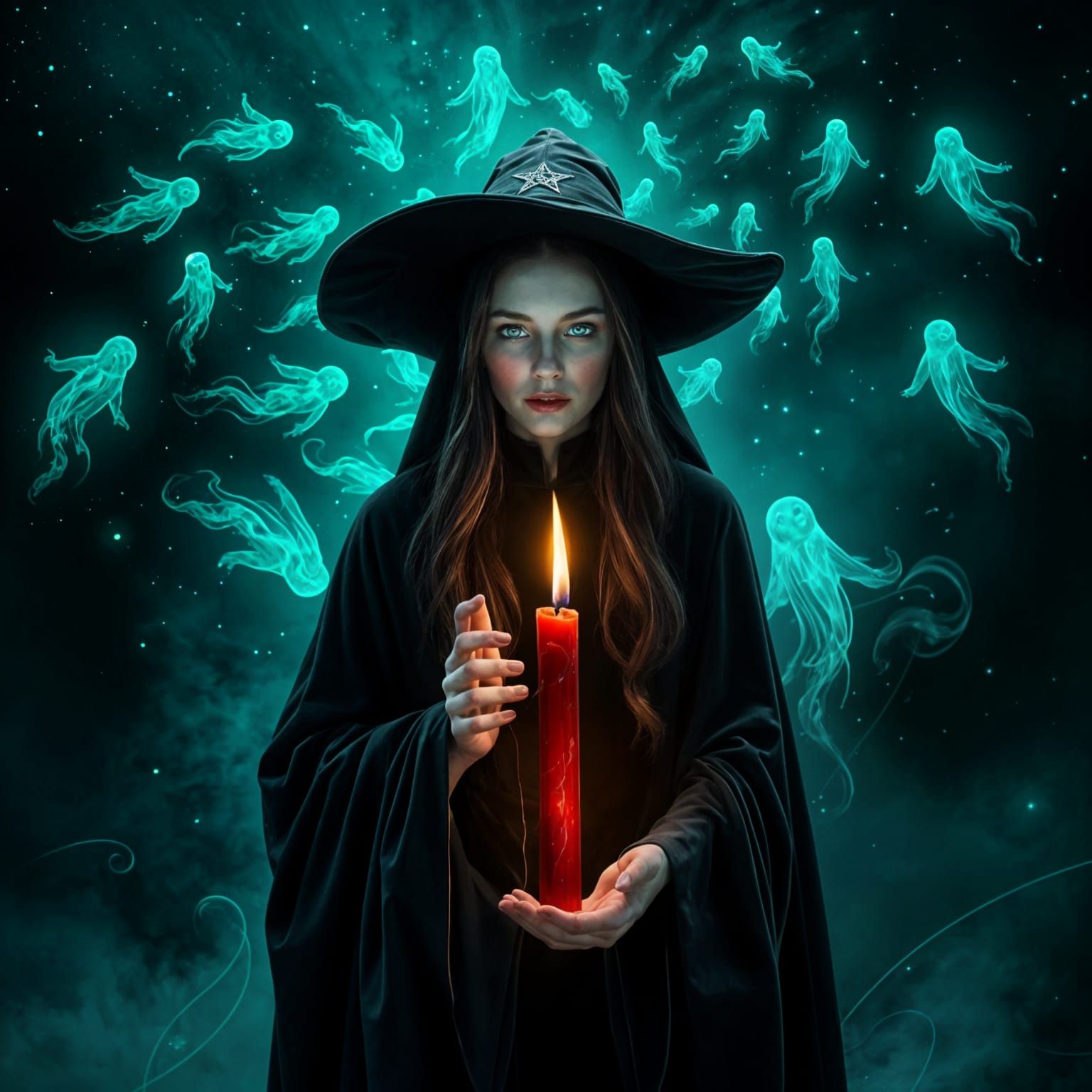 Crimson Witch with Candle in Astral Illustration