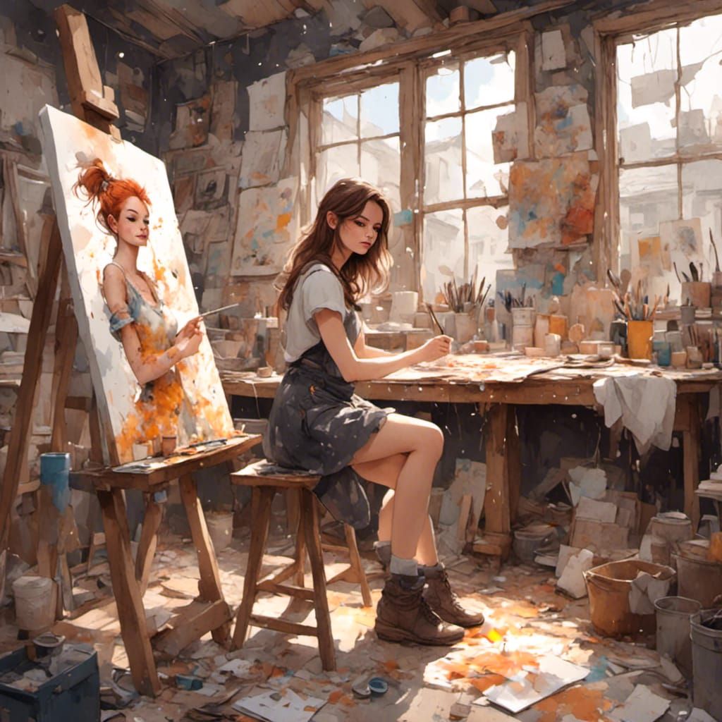 An artist painting Fox-girl VIXEN portrait.