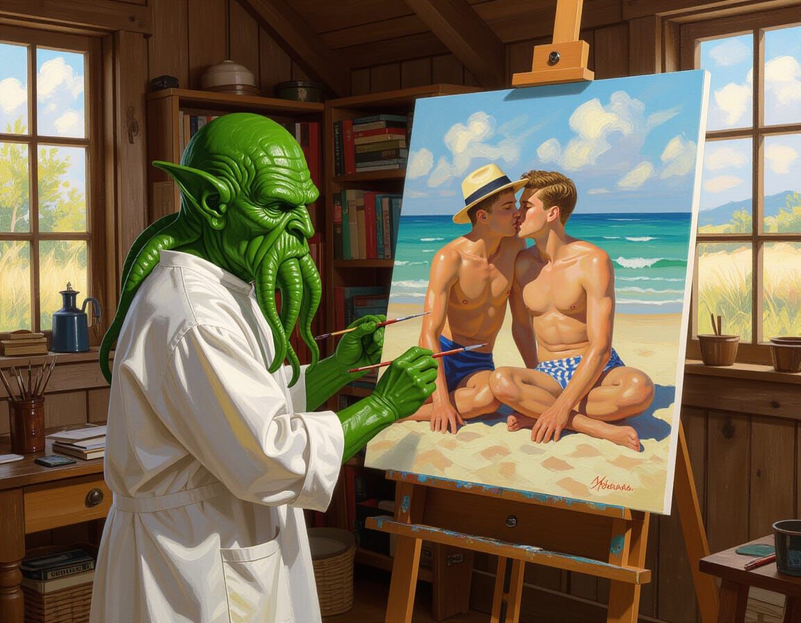 Cthulhu's Beach Painting: Sensual Realism in Cottage Studio