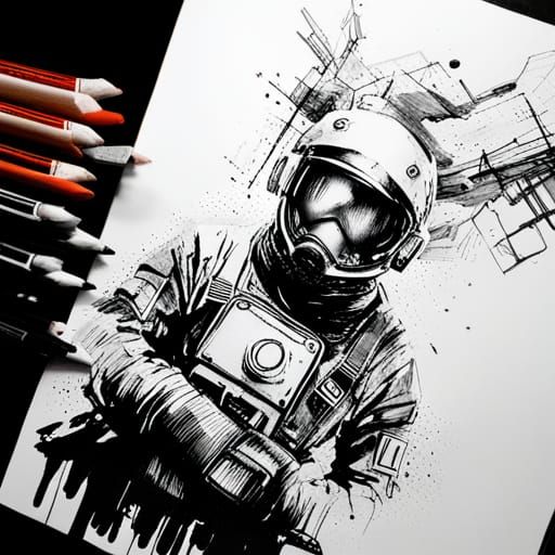 Black and white ink drawing of a cyberpunk astronaut in a futuristic city, in the style of Russ Mills, ivan laliashvili,...