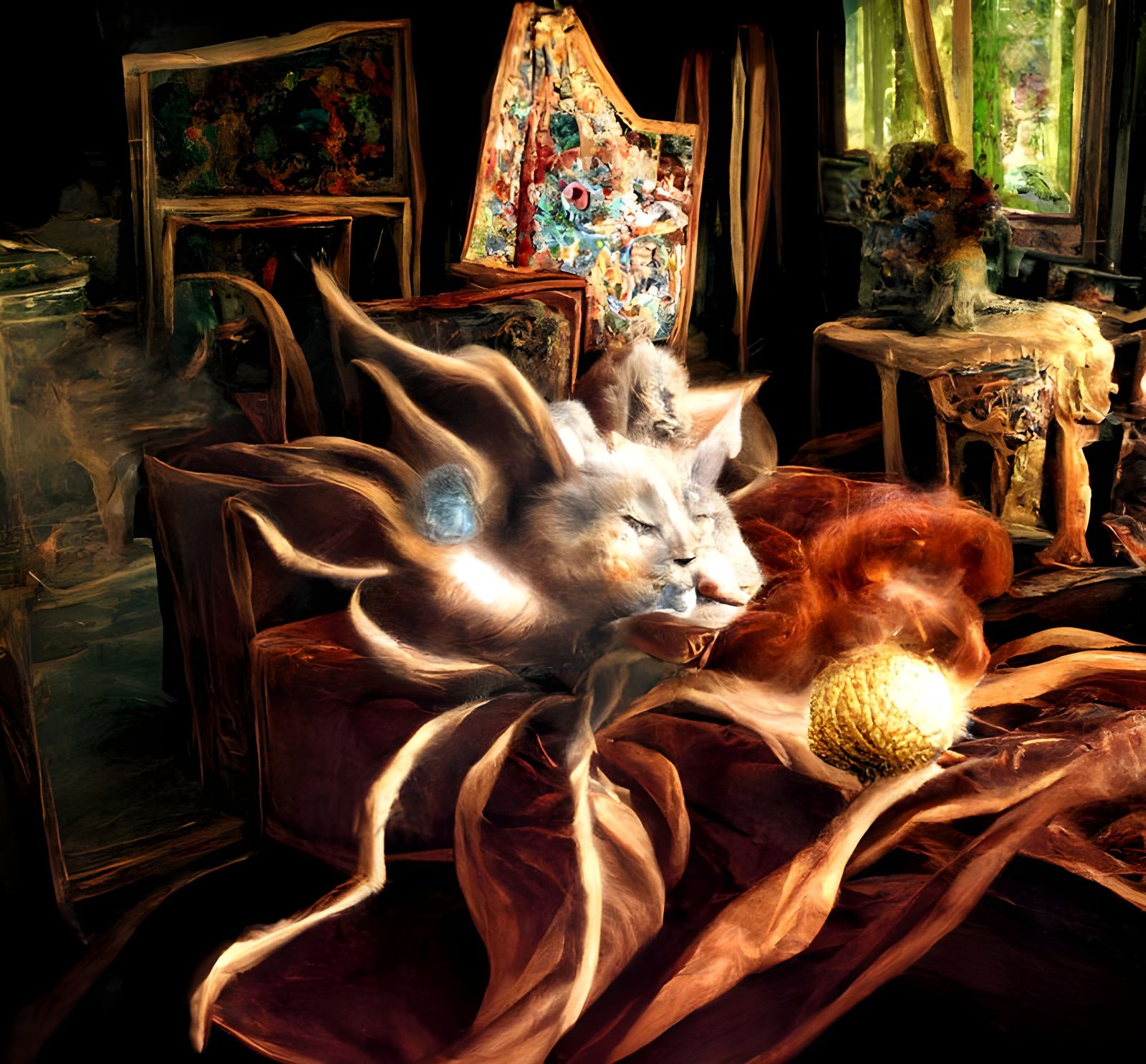 Cats Playing on Antique Furniture in Surreal Style