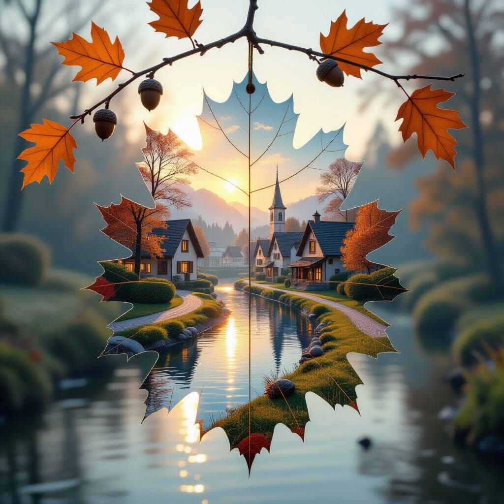 3D Autumn Village Projection on Oak Leaf