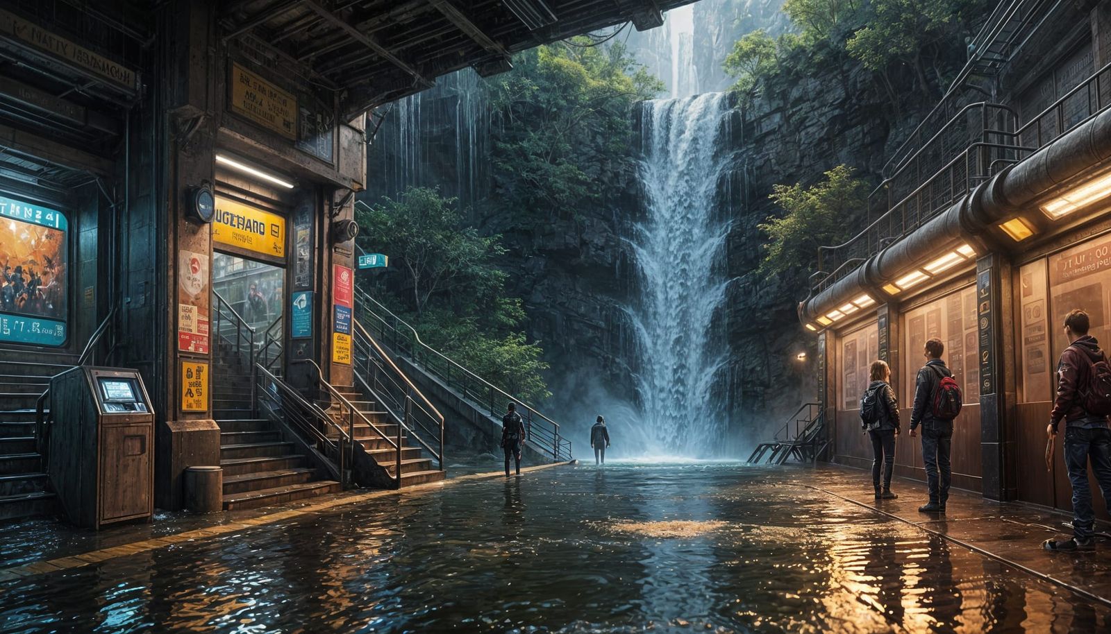 Waterfall Floods Subway Station: Hyperrealistic Concept Art