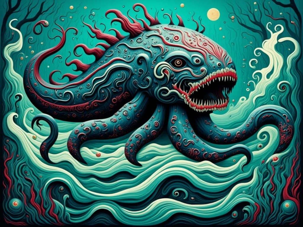 Surreal Whimsical Woodcut-Inspired Kraken in Dark Oceanic De...