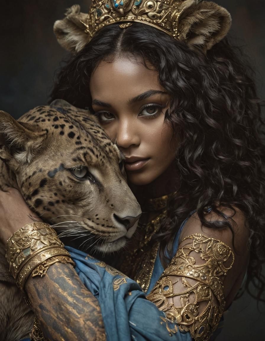Glamour Photography of Woman with Panther in Egyptian Style