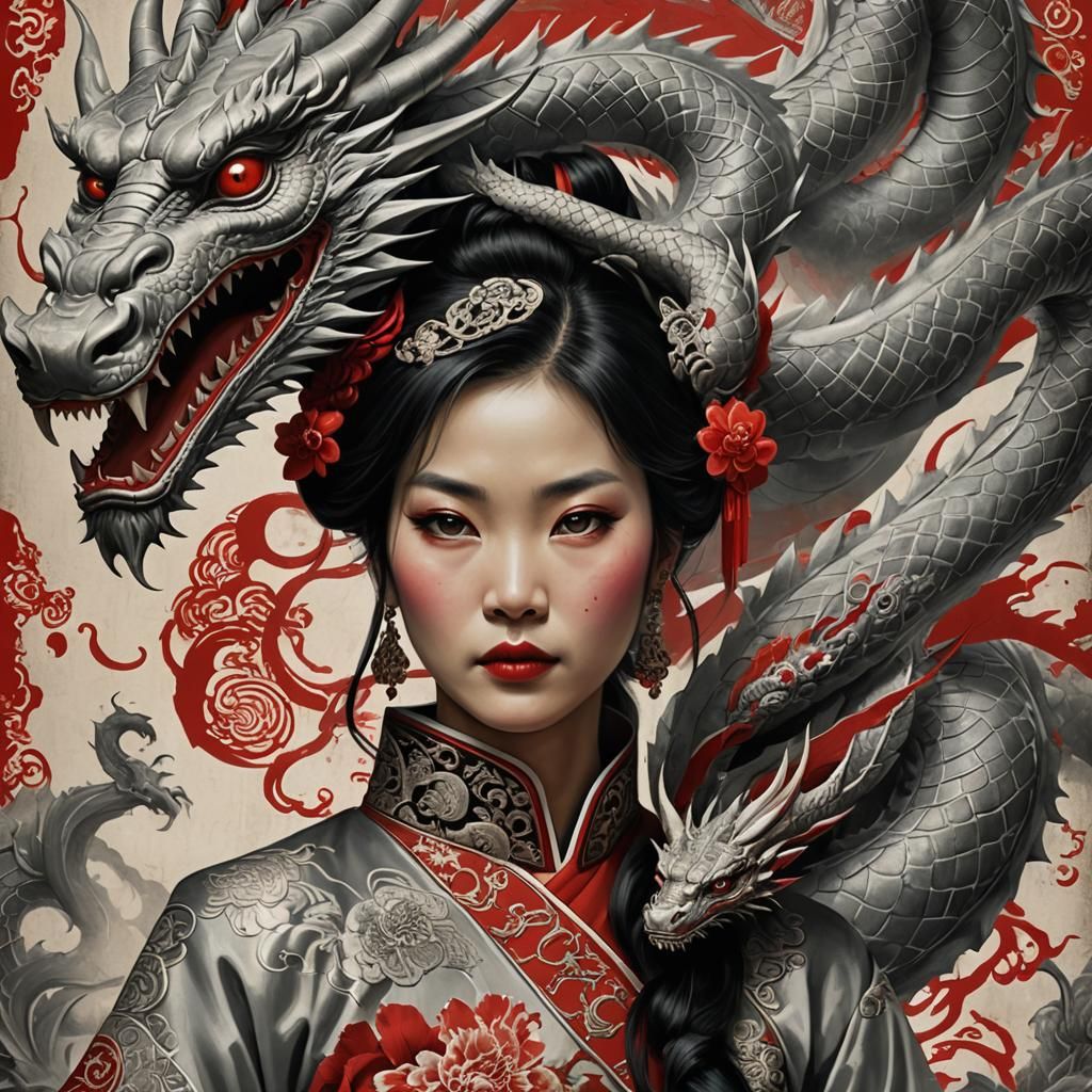 Chinese Woman with Dragon Vintage Poster