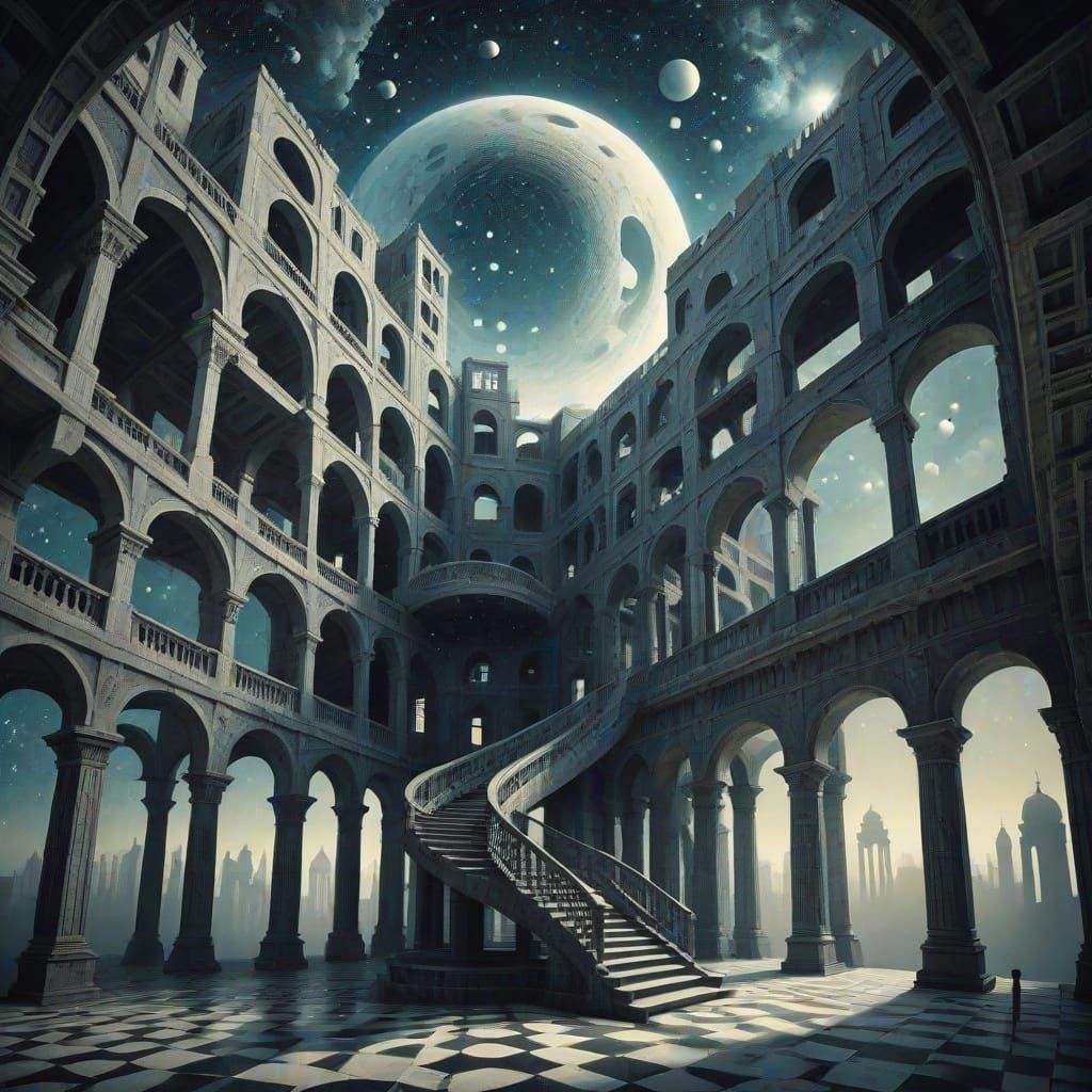 Escher-Inspired Cityscape Defies Geometry in Cosmic Expanse