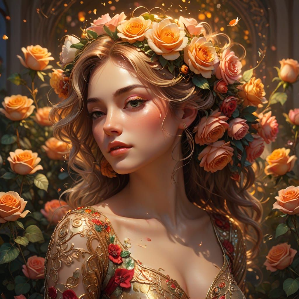 Ethereal Woman Adorned with Lush Roses in Golden Hour