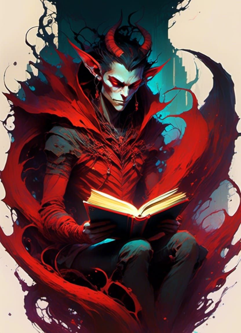 Attractive Red Demon Reading Book in Gothic Style