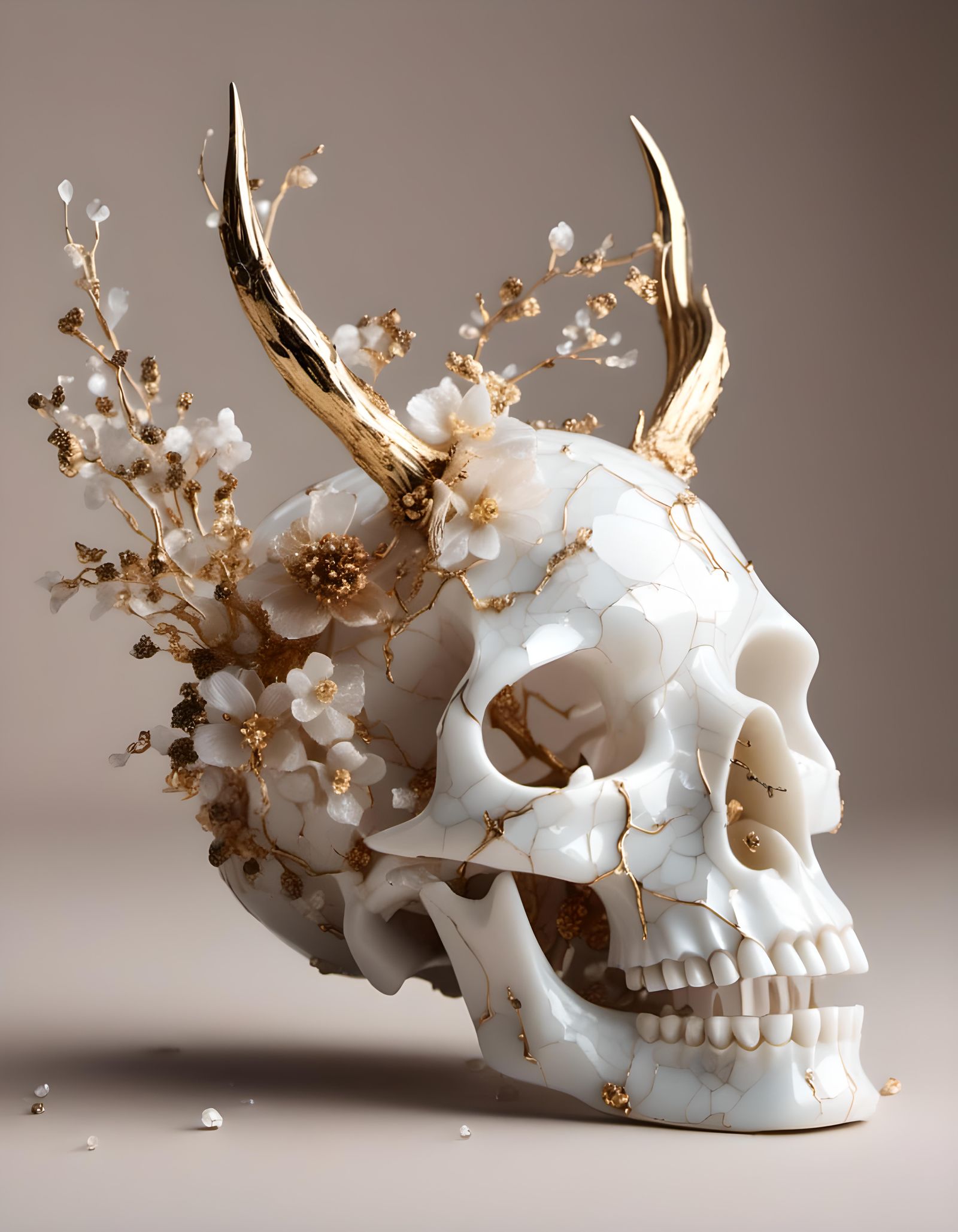 Kintsugi Porcelain Deer Skull with Flowers