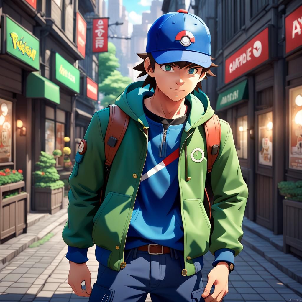 Blue-Hatted Pokémon Trainer in Anime Style
