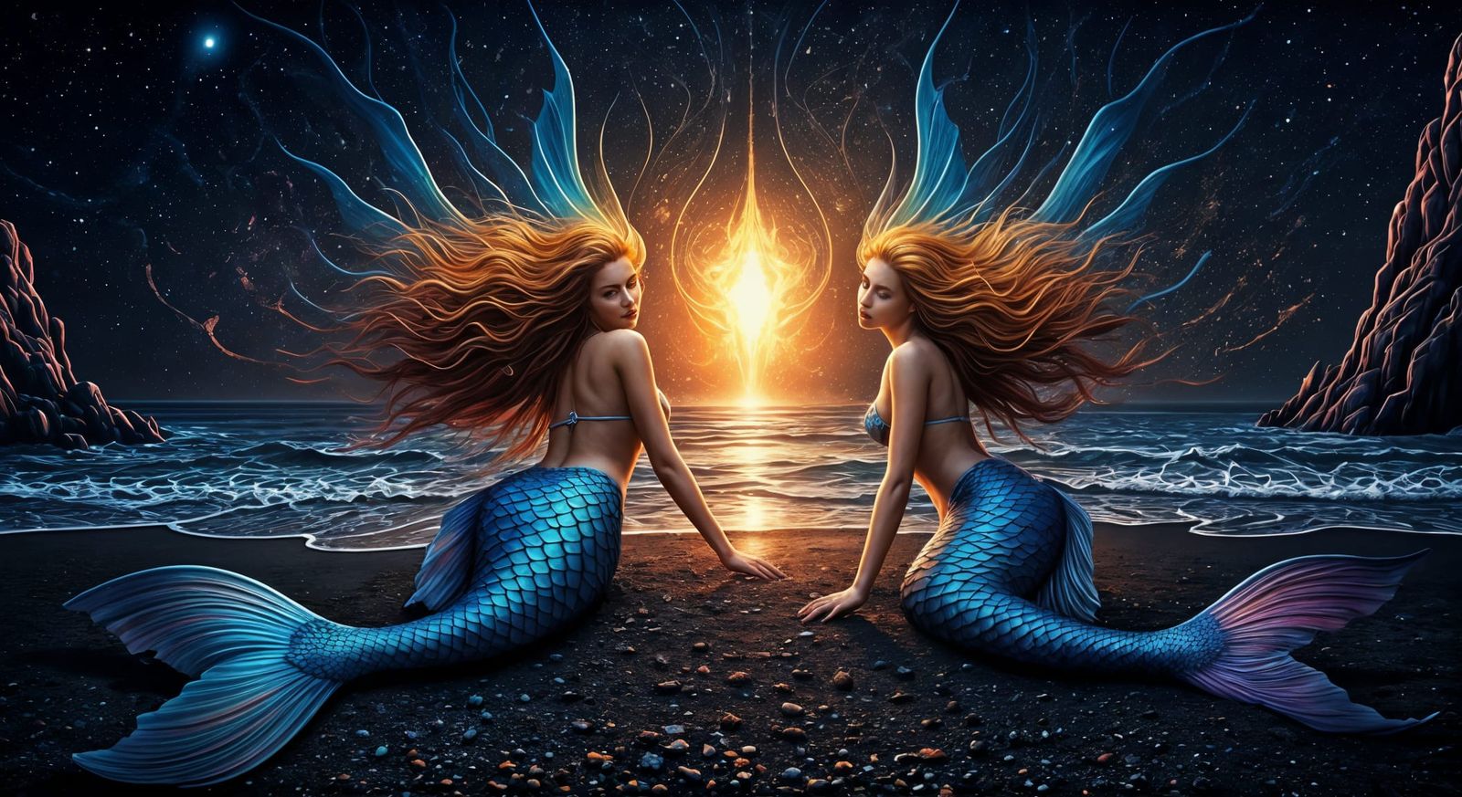Cosmic Mermaids in Vibrant Black Sand Beach