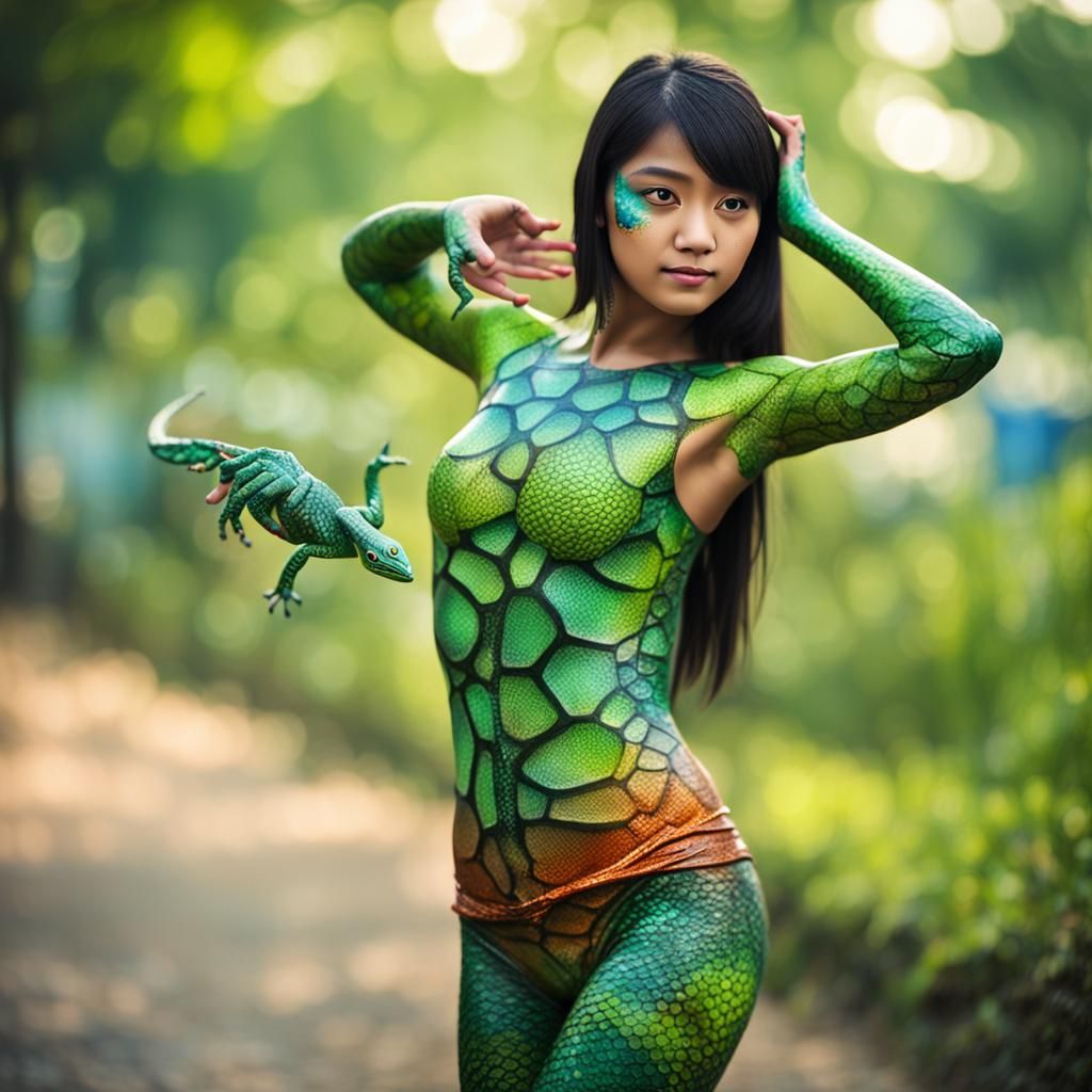 Lizard Body Paint on Sensual Young Woman