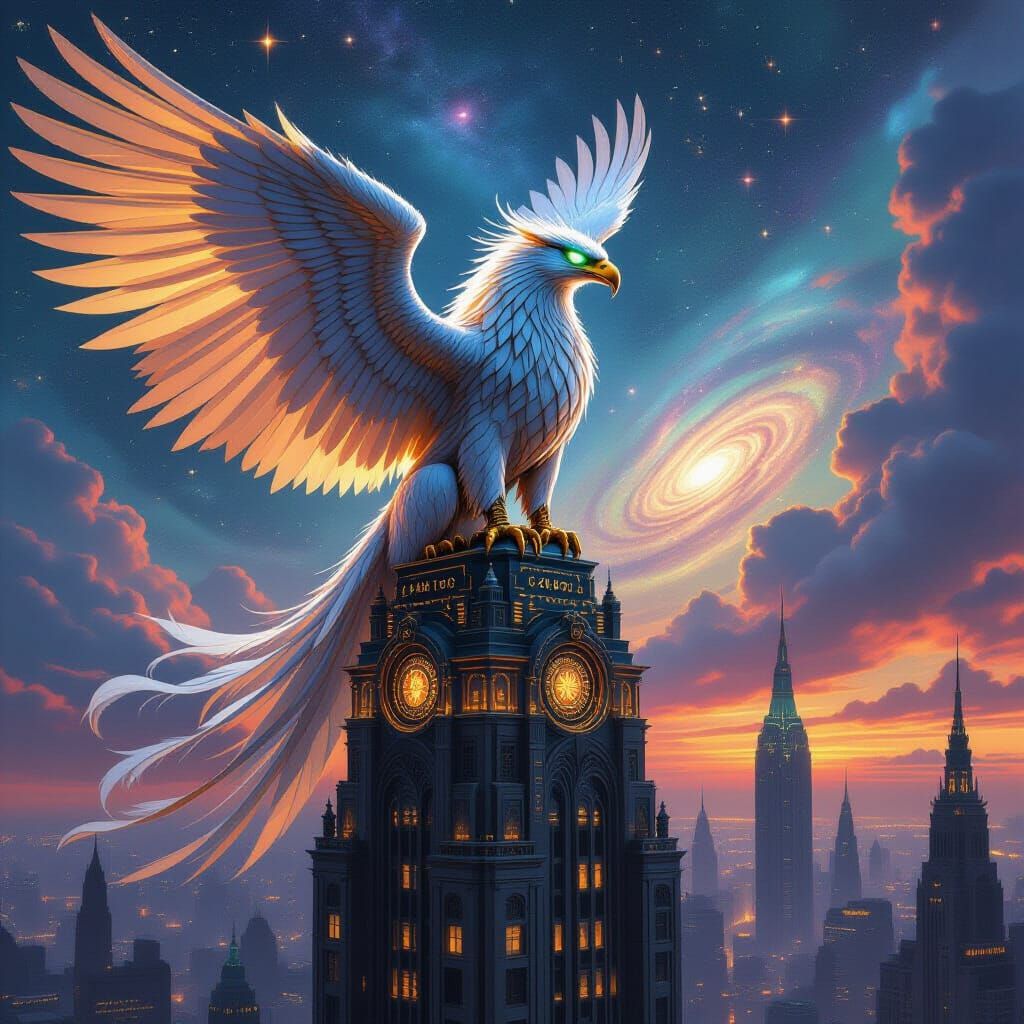 Cybernetic Griffin Perched on Art Nouveau Skyscraper